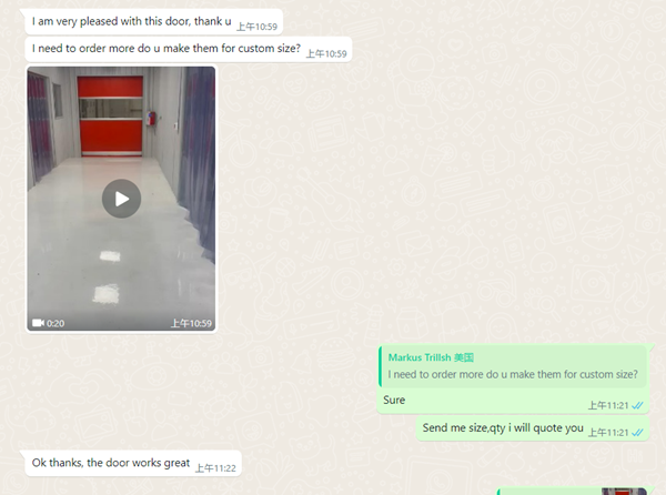 国外客户选购西朗快速门反馈